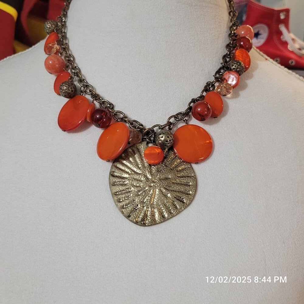 Chico's Beach Statement Sand dollar Necklace Glass Acrylic Metal Bead Adjustable